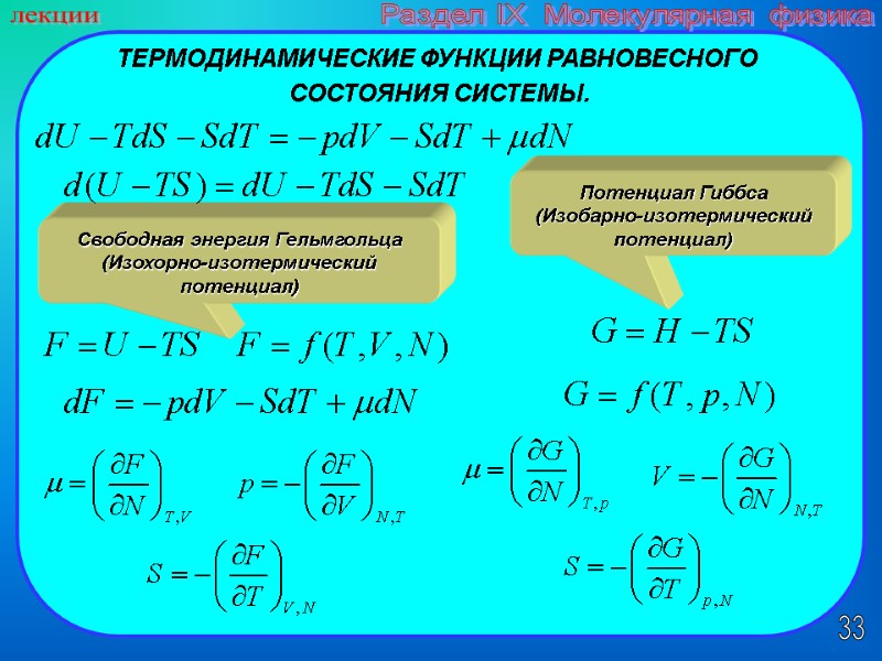 33 лекции Раздел IX  Молекулярная физика ТЕРМОДИНАМИЧЕСКИЕ ФУНКЦИИ РАВНОВЕСНОГО   СОСТОЯНИЯ СИСТЕМЫ.